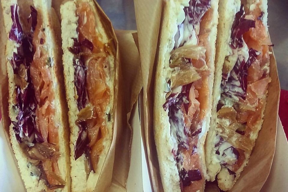 Salmone  marinato all'aneto, salsatzaziki , cipollotti e radicchio